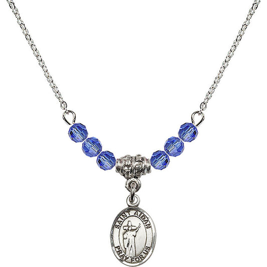 Sterling Silver Saint Aidan of Lindesfarne Birthstone Necklace with Sapphire Beads - 9381