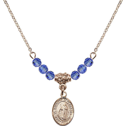 14kt Gold Filled Saint Raymond of Penafort Birthstone Necklace with Sapphire Beads - 9385