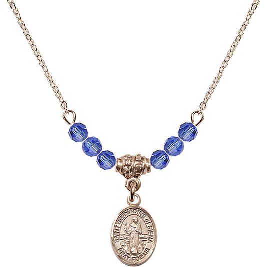 14kt Gold Filled Saint Bernadine of Sienna Birthstone Necklace with Sapphire Beads - 9387