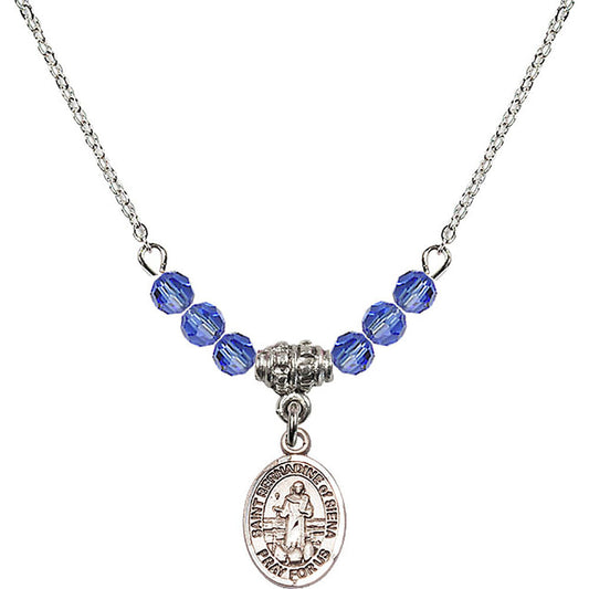 Sterling Silver Saint Bernadine of Sienna Birthstone Necklace with Sapphire Beads - 9387