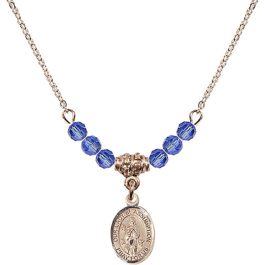 14kt Gold Filled Our Lady of Assumption Birthstone Necklace with Sapphire Beads - 9388