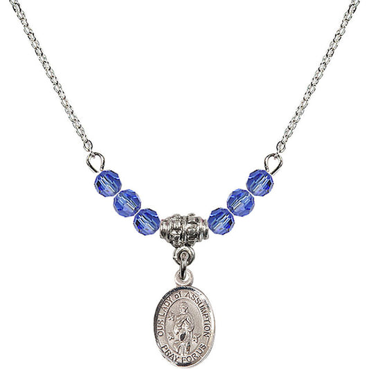 Sterling Silver Our Lady of Assumption Birthstone Necklace with Sapphire Beads - 9388
