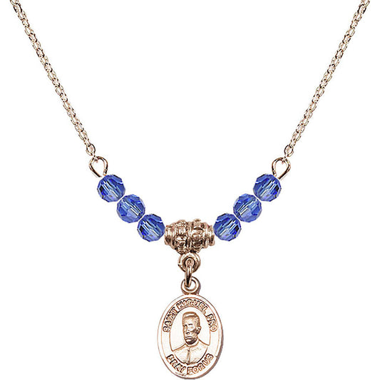 14kt Gold Filled Blessed Miguel Pro Birthstone Necklace with Sapphire Beads - 9389
