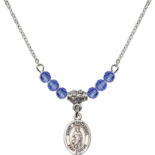 Sterling Silver Saint Nathanael Birthstone Necklace with Sapphire Beads - 9398