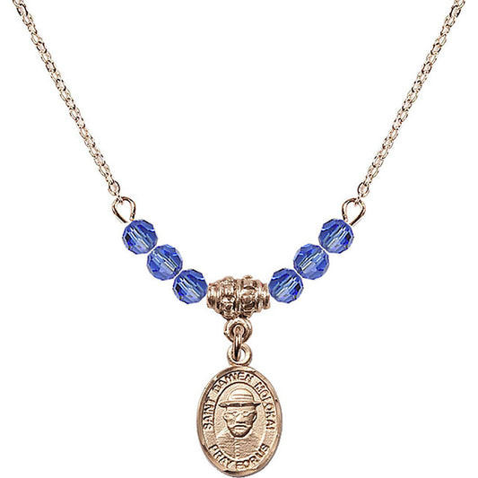 14kt Gold Filled Saint Damien of Molokai Birthstone Necklace with Sapphire Beads - 9412