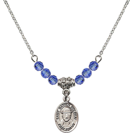 Sterling Silver Saint Damien of Molokai Birthstone Necklace with Sapphire Beads - 9412