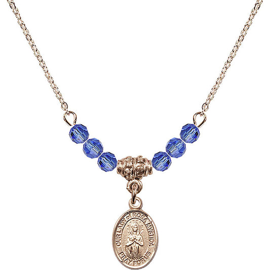 14kt Gold Filled Our Lady of Rosa Mystica Birthstone Necklace with Sapphire Beads - 9413