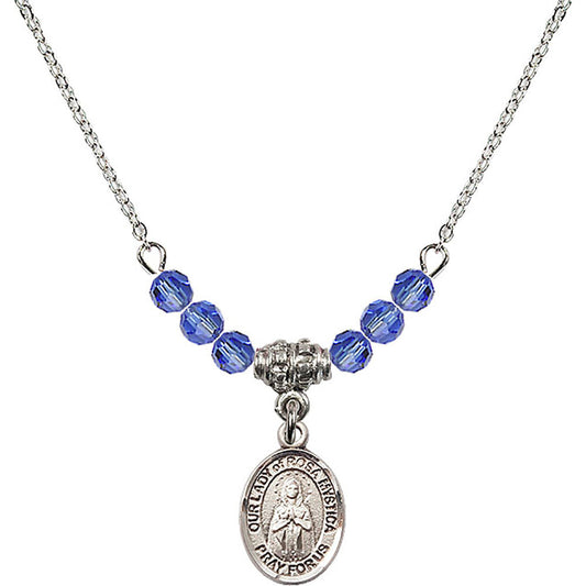 Sterling Silver Our Lady of Rosa Mystica Birthstone Necklace with Sapphire Beads - 9413