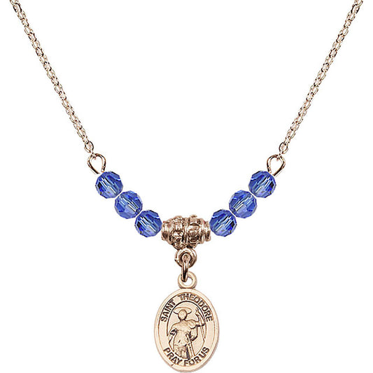14kt Gold Filled Saint Theodore Stratelates Birthstone Necklace with Sapphire Beads - 9415