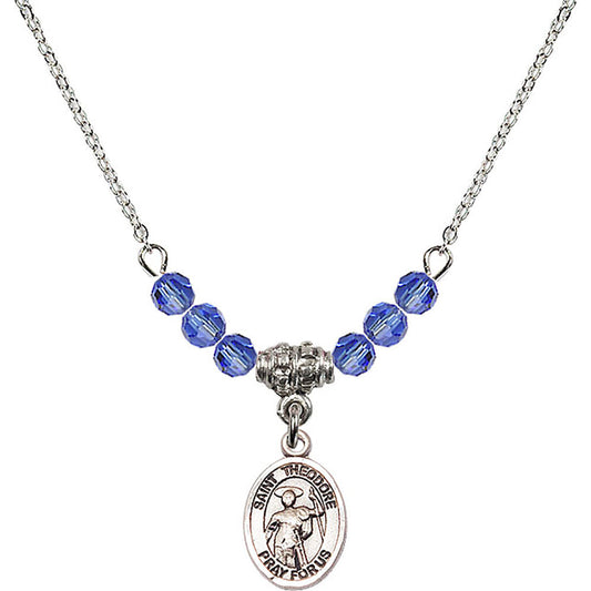 Sterling Silver Saint Theodore Stratelates Birthstone Necklace with Sapphire Beads - 9415