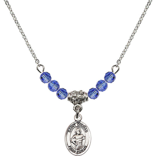 Sterling Silver Saint Dismas Birthstone Necklace with Sapphire Beads - 9418