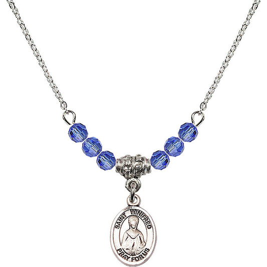 Sterling Silver Saint Winifred of Wales Birthstone Necklace with Sapphire Beads - 9419