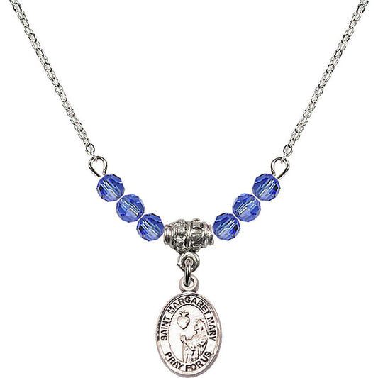 Sterling Silver Saint Margaret Mary Alacoque Birthstone Necklace with Sapphire Beads - 9420