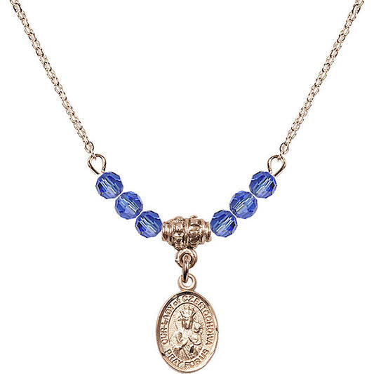 14kt Gold Filled Our Lady of Czestochowa Birthstone Necklace with Sapphire Beads - 9421