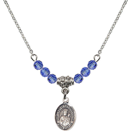Sterling Silver Our Lady of Czestochowa Birthstone Necklace with Sapphire Beads - 9421