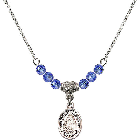 Sterling Silver Saint Maria Bertilla Boscardin Birthstone Necklace with Sapphire Beads - 9428