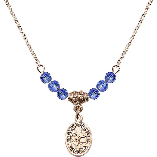 14kt Gold Filled Saint Claude de la Colombiere Birthstone Necklace with Sapphire Beads - 9432