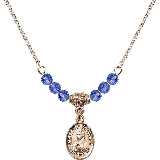 14kt Gold Filled Saint Kateri Tekakwitha Birthstone Necklace with Sapphire Beads - 9438
