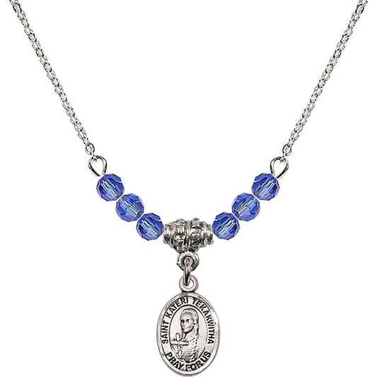 Sterling Silver Saint Kateri Tekakwitha Birthstone Necklace with Sapphire Beads - 9438