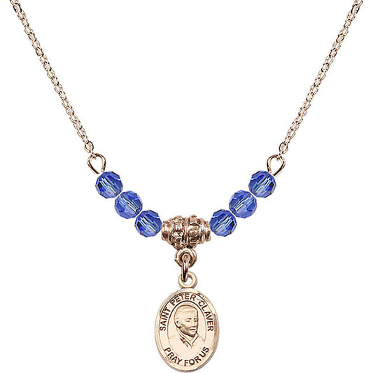 14kt Gold Filled Saint Peter Claver Birthstone Necklace with Sapphire Beads - 9442