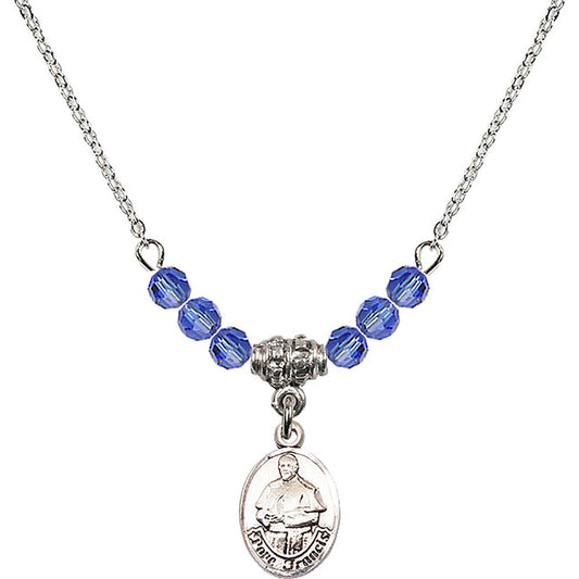 Sterling Silver Pope Francis Birthstone Necklace with Sapphire Beads - 9451