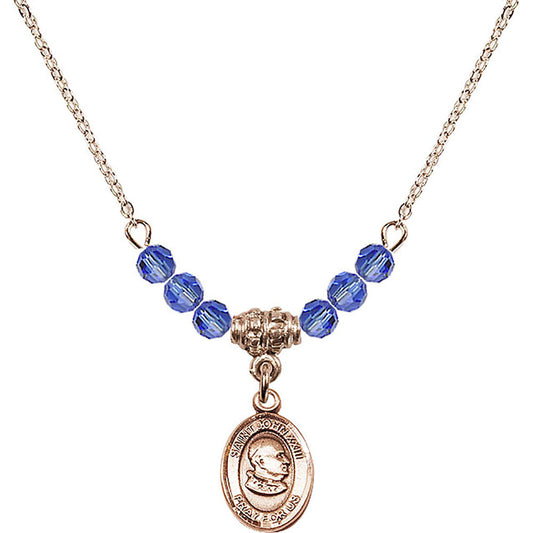 14kt Gold Filled Saint John XXIII Birthstone Necklace with Sapphire Beads - 9455