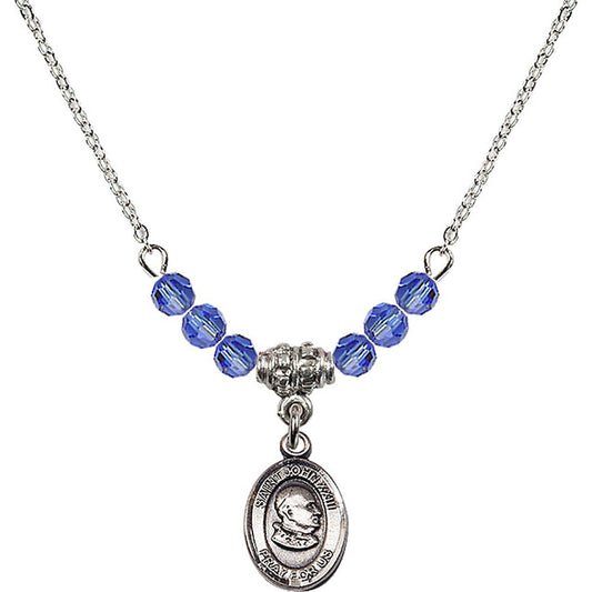 Sterling Silver Saint John XXIII Birthstone Necklace with Sapphire Beads - 9455
