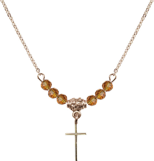 14kt Gold Filled Cross Birthstone Necklace with Topaz Beads - 0014