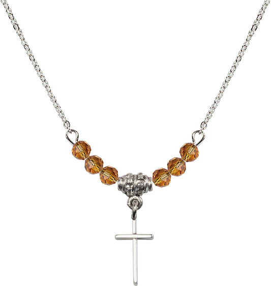 Sterling Silver Cross Birthstone Necklace with Topaz Beads - 0014