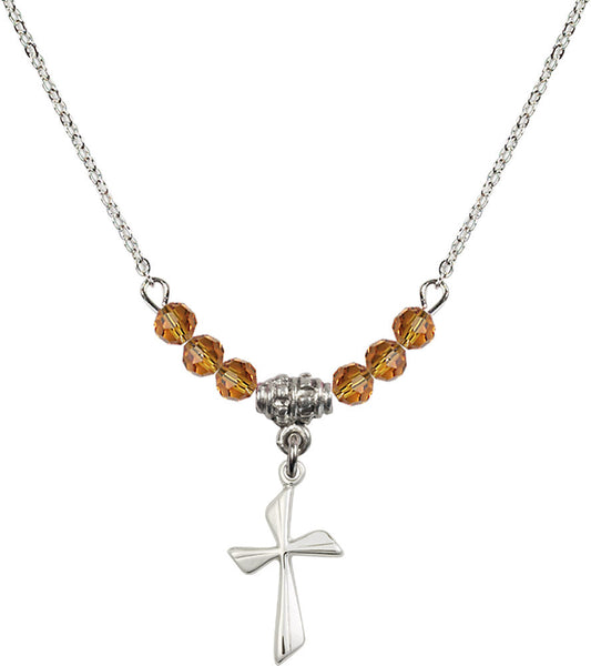 Sterling Silver Cross Birthstone Necklace with Topaz Beads - 0016