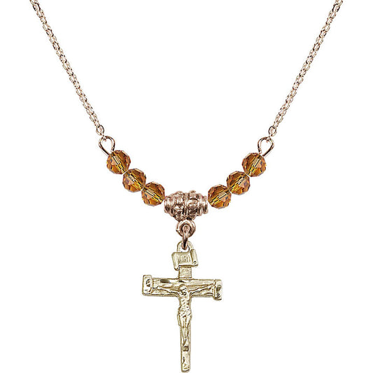 14kt Gold Filled Nail Crucifix Birthstone Necklace with Topaz Beads - 0072