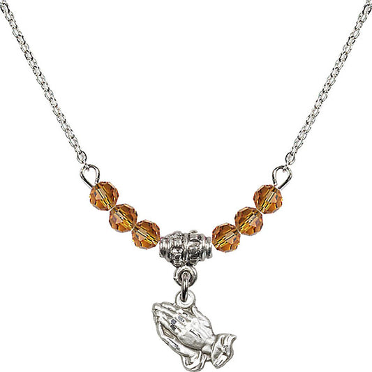 Sterling Silver Praying Hands Birthstone Necklace with Topaz Beads - 0220
