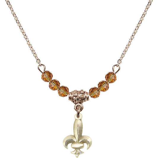 14kt Gold Filled Fleur de Lis Birthstone Necklace with Topaz Beads - 0293