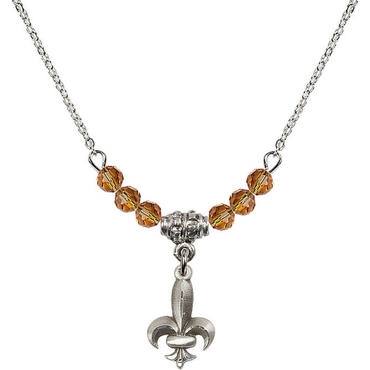 Sterling Silver Fleur de Lis Birthstone Necklace with Topaz Beads - 0293