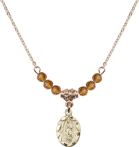 14kt Gold Filled Our Lady of Guadalupe Birthstone Necklace with Topaz Beads - 0301