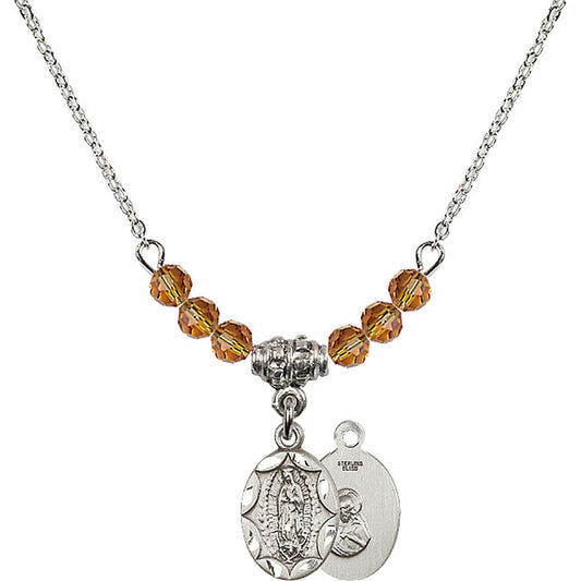 Sterling Silver Our Lady of Guadalupe Birthstone Necklace with Topaz Beads - 0301