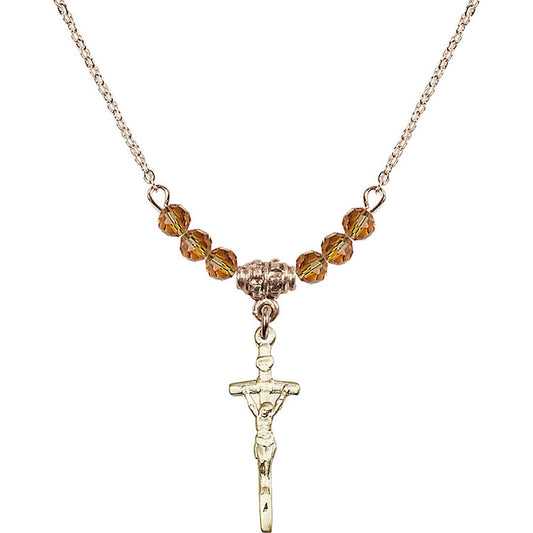 14kt Gold Filled Papal Crucifix Birthstone Necklace with Topaz Beads - 0563
