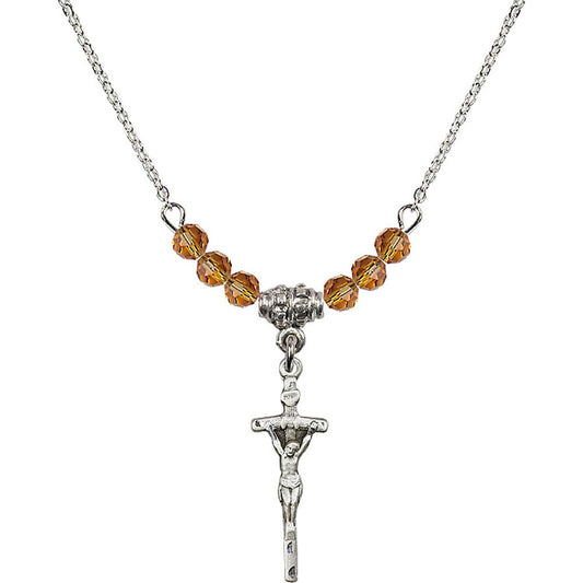 Sterling Silver Papal Crucifix Birthstone Necklace with Topaz Beads - 0563