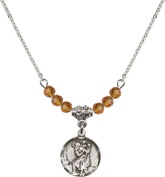 Sterling Silver Saint Christopher Birthstone Necklace with Topaz Beads - 0601