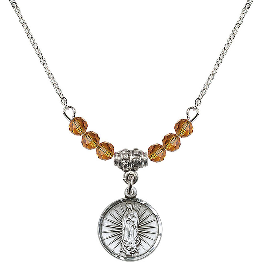 Sterling Silver Our Lady of Guadalupe Birthstone Necklace with Topaz Beads - 0601