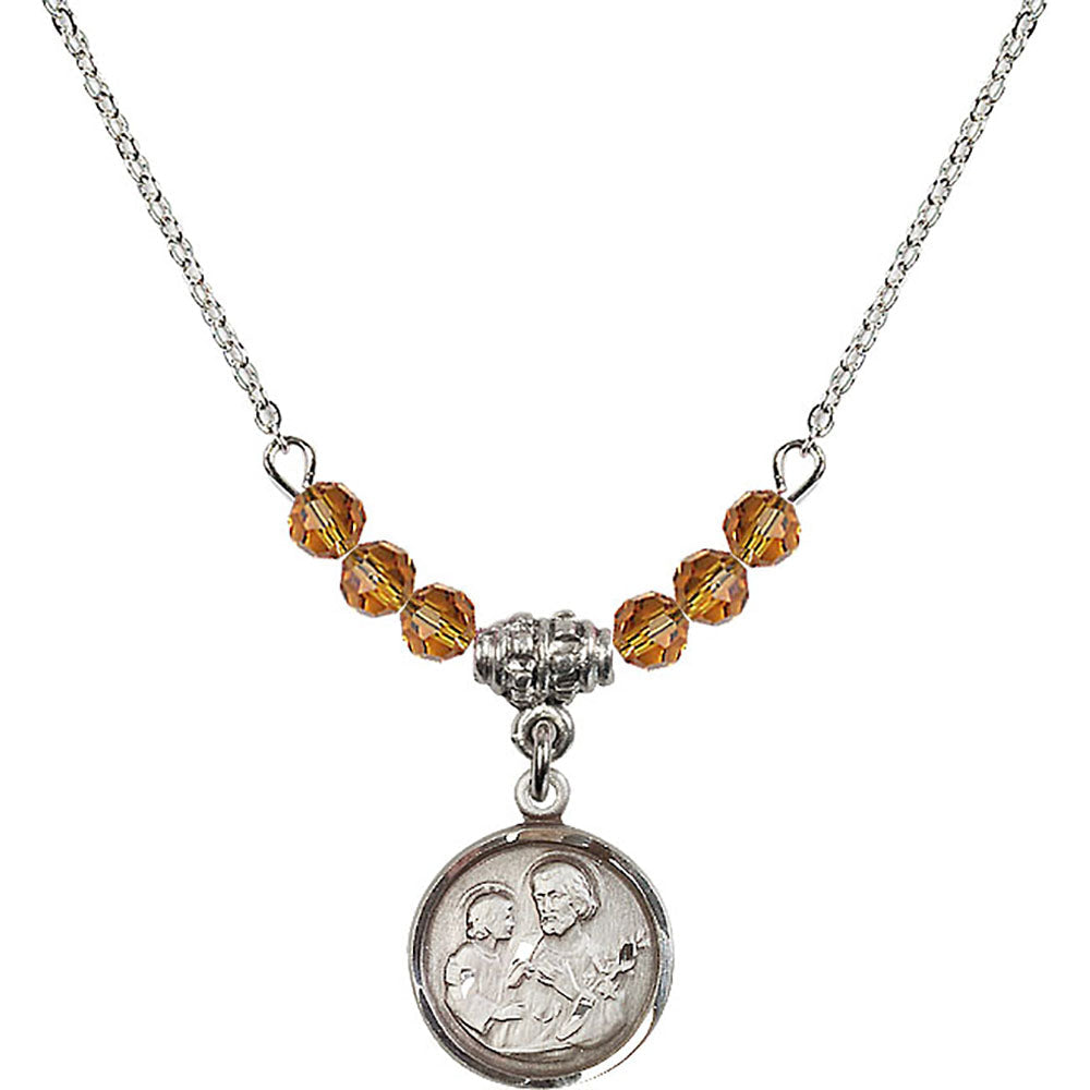 Sterling Silver Saint Joseph Birthstone Necklace with Topaz Beads - 0601