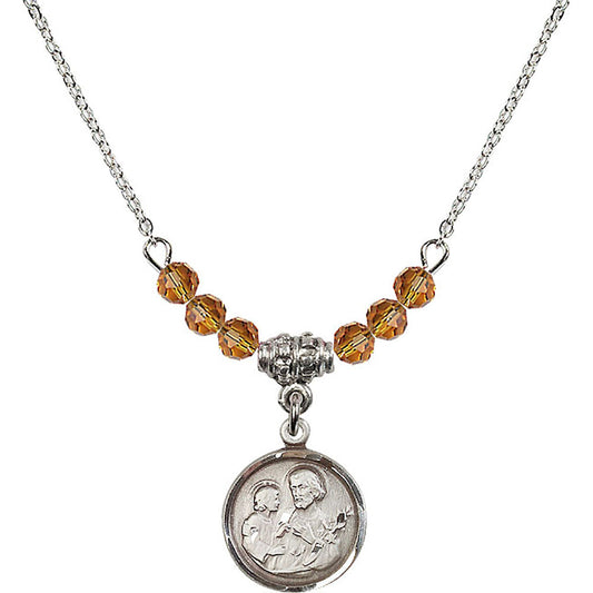 Sterling Silver Saint Joseph Birthstone Necklace with Topaz Beads - 0601