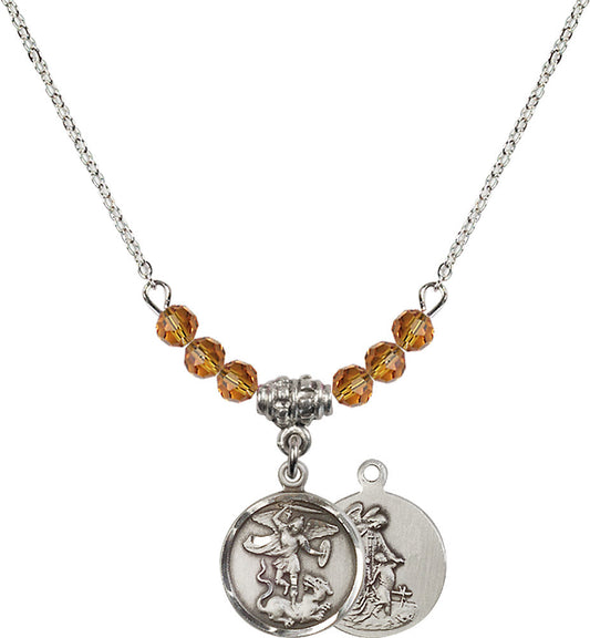 Sterling Silver Saint Michael the Archangel Birthstone Necklace with Topaz Beads - 0601