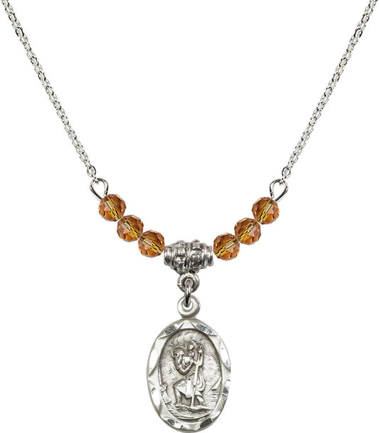 Sterling Silver Saint Christopher Birthstone Necklace with Topaz Beads - 0612