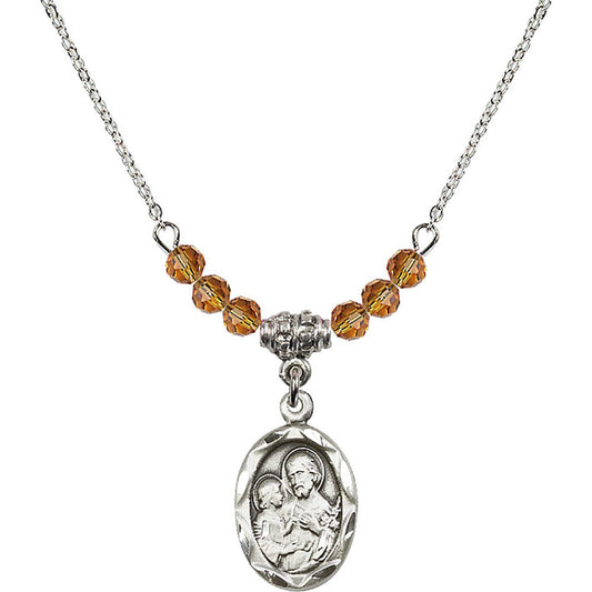Sterling Silver Saint Joseph Birthstone Necklace with Topaz Beads - 0612
