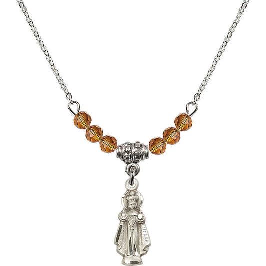 Sterling Silver Infant of Prague Birthstone Necklace with Topaz Beads - 0823
