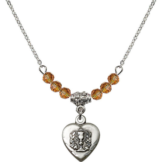 Sterling Silver Heart / Communion Birthstone Necklace with Topaz Beads - 0892