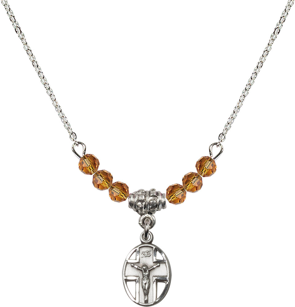 Sterling Silver Crucifix Birthstone Necklace with Topaz Beads - 0978