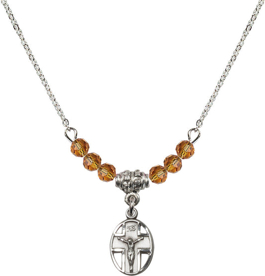 Sterling Silver Crucifix Birthstone Necklace with Topaz Beads - 0978