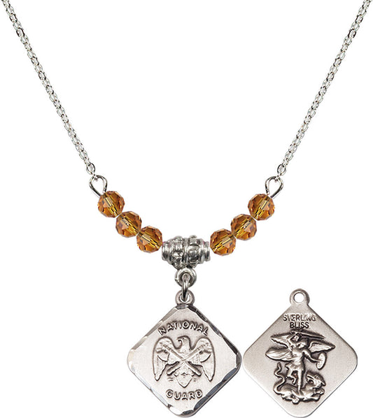 Sterling Silver Nat'l Guard Diamond Birthstone Necklace with Topaz Beads - 1180